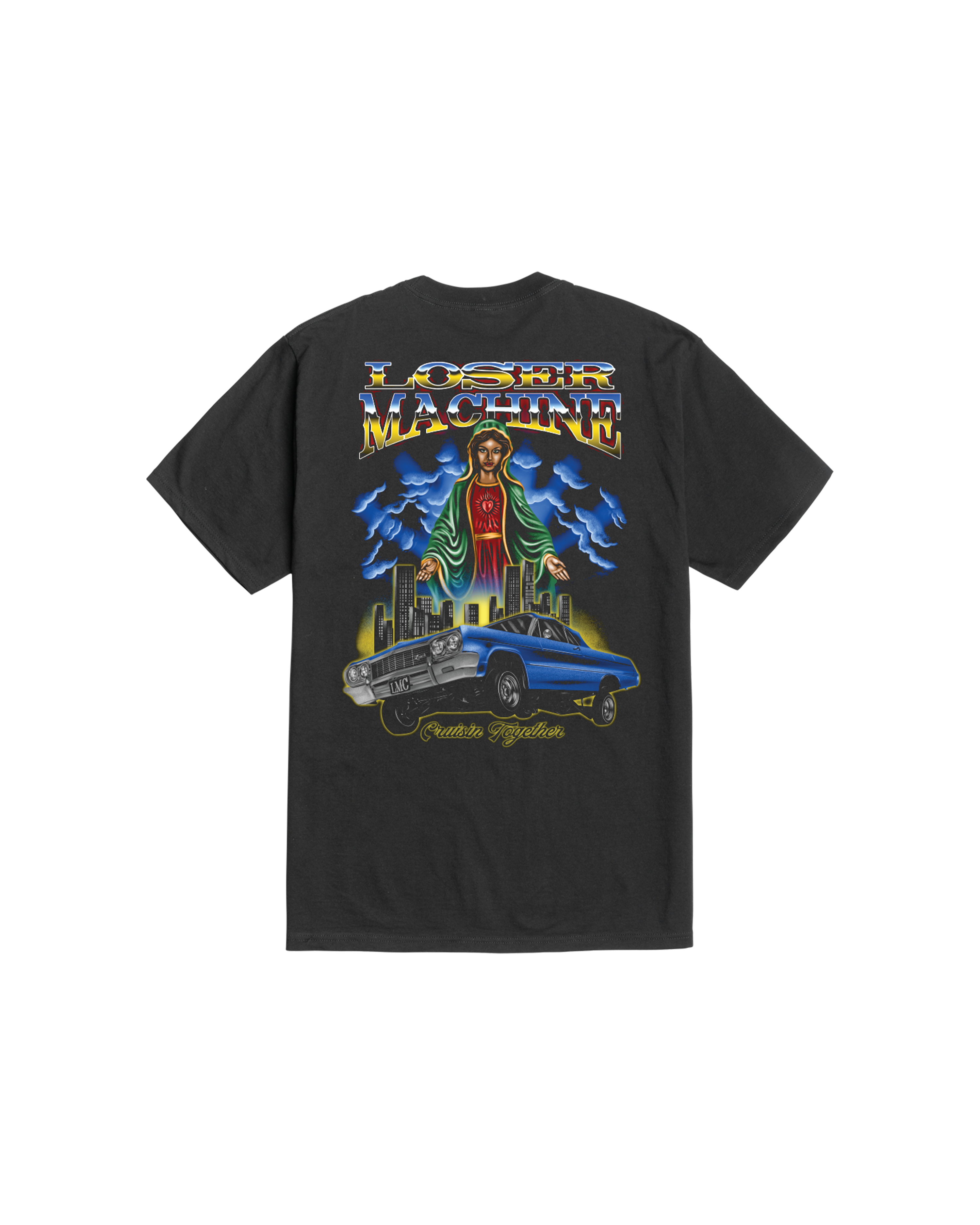 Cruisin Together front view, Black with multicolor front graphic featuring "Loser Machine" text, winged figure, blue