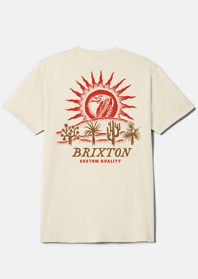 Dark Paradise front view, Cream with red sun and surfboard graphic, tan desert plants and text reading "BRIXTON CUSTOM
