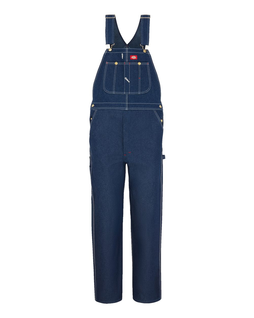 Db100rnb - Indigo Bib Overall Overalls front view, Rinsed indigo denim with brass hardware, red label patch, and cream