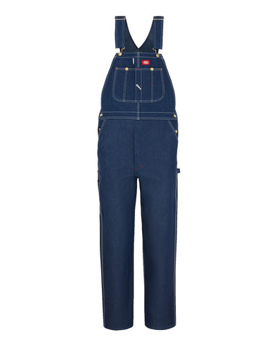 Db100rnb - Indigo Bib Overall Overalls front view, Rinsed indigo denim with brass hardware, red label patch, and cream