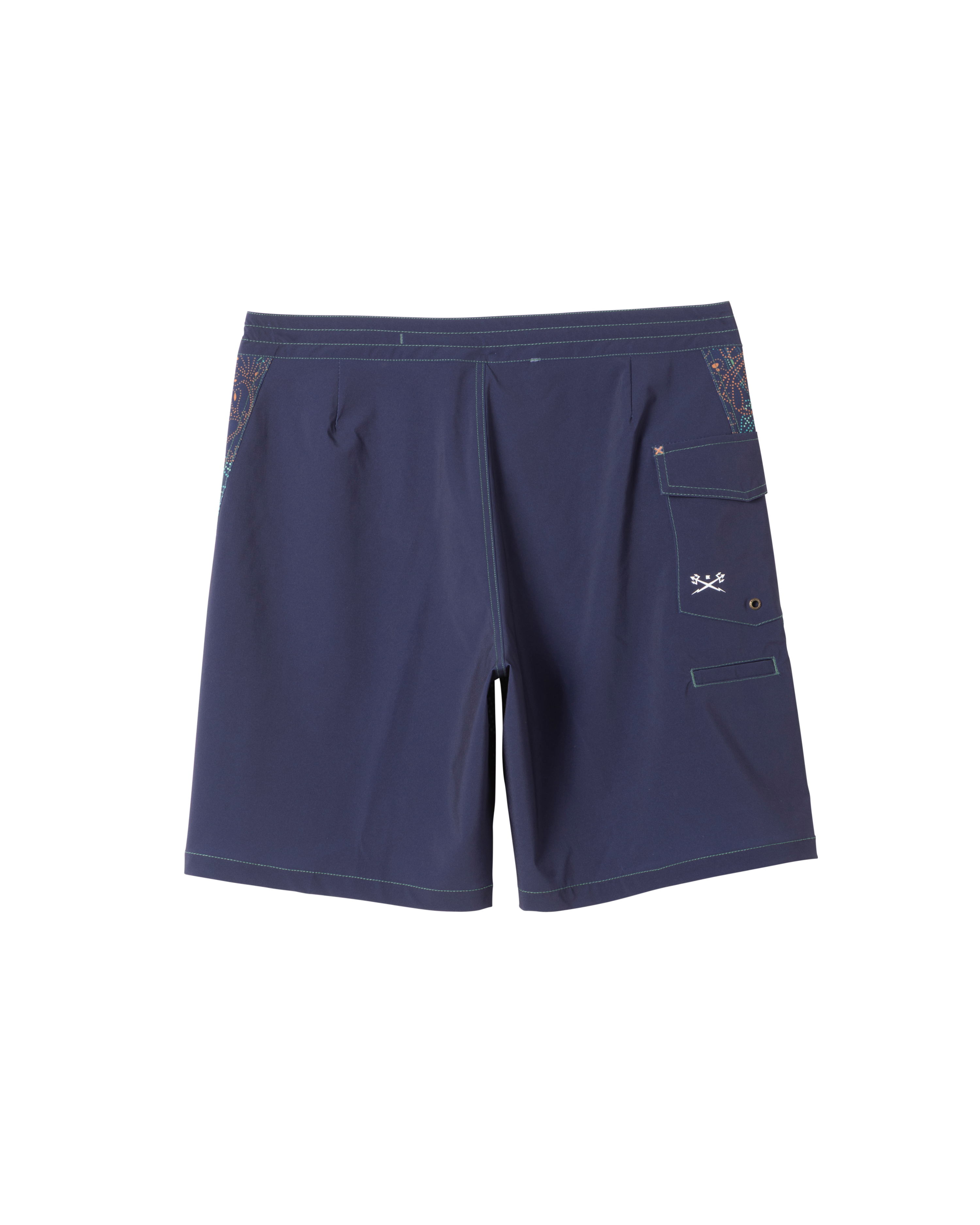 Back of Deepwater Boardshort Boardshorts Navy Boardshorts, Navy with crossed flags embroidered on back pocket and ornamental