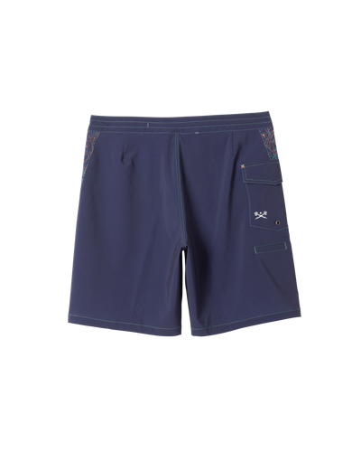 Back of Deepwater Boardshort Boardshorts Navy Boardshorts, Navy with crossed flags embroidered on back pocket and ornamental