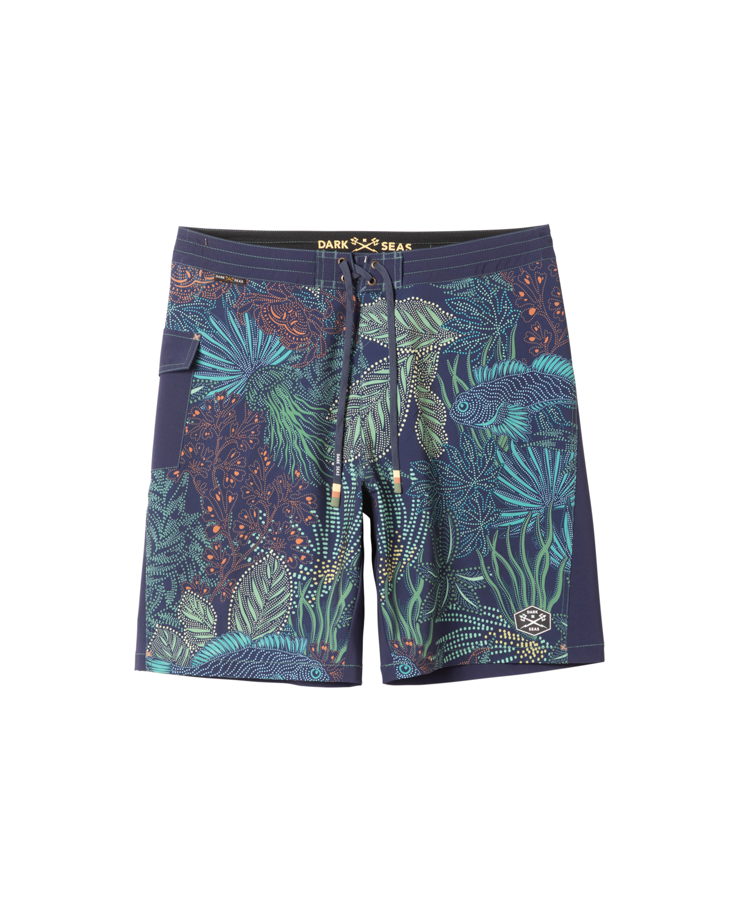 Deepwater Boardshort Boardshorts front view, Navy with turquoise and orange intricate coral and sea creature print,