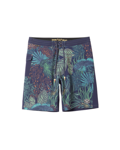 Deepwater Boardshort Boardshorts front view, Navy with turquoise and orange intricate coral and sea creature print,
