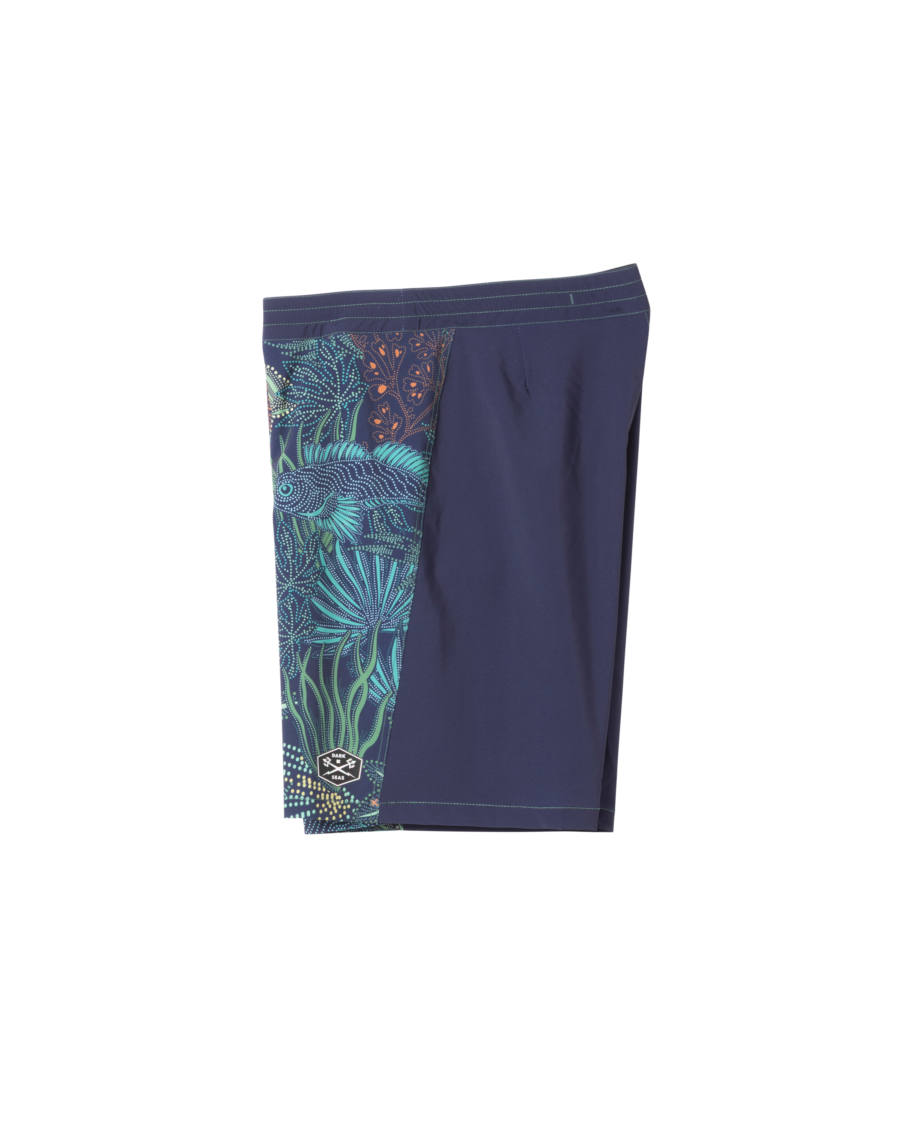 Close-up of Deepwater Boardshort Boardshorts Navy Boardshorts showing Navy boardshorts with turquoise and orange detailed