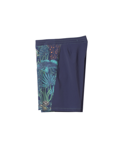 Close-up of Deepwater Boardshort Boardshorts Navy Boardshorts showing Navy boardshorts with turquoise and orange detailed