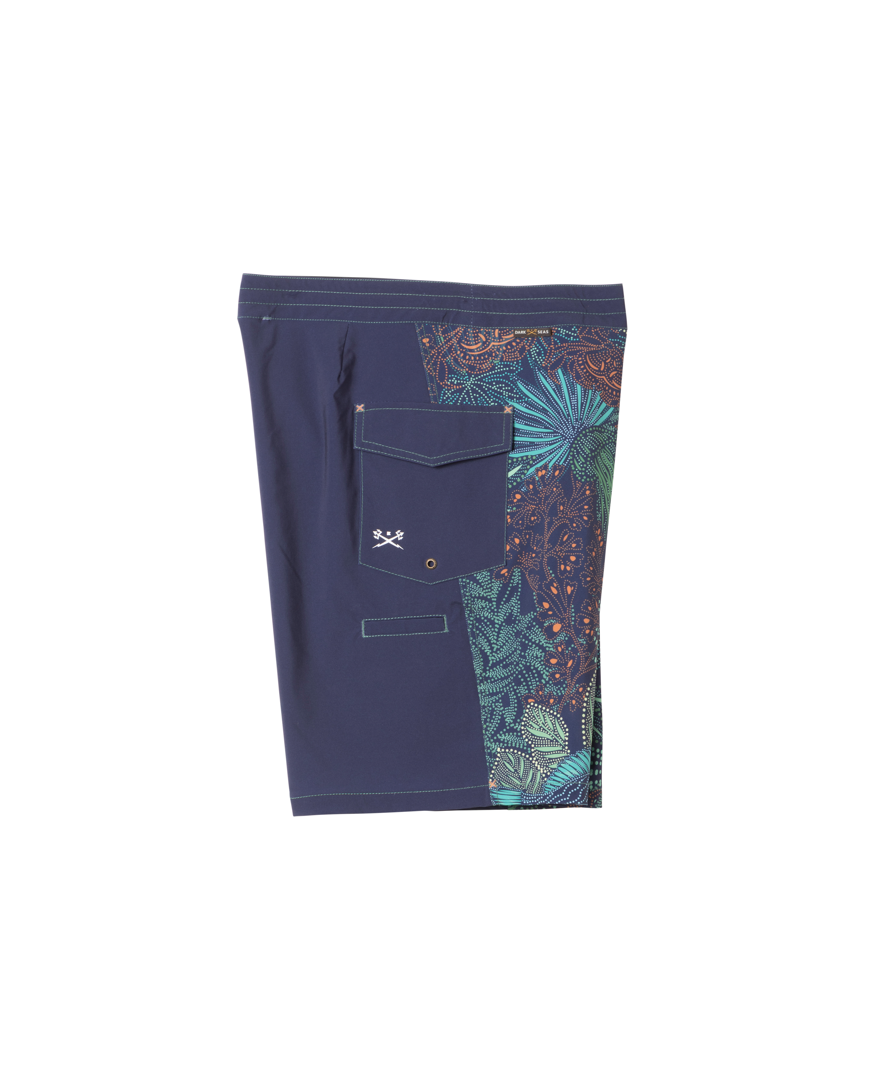 Close-up of Deepwater Boardshort Boardshorts Navy Boardshorts showing Navy with turquoise and orange ornamental paisley and