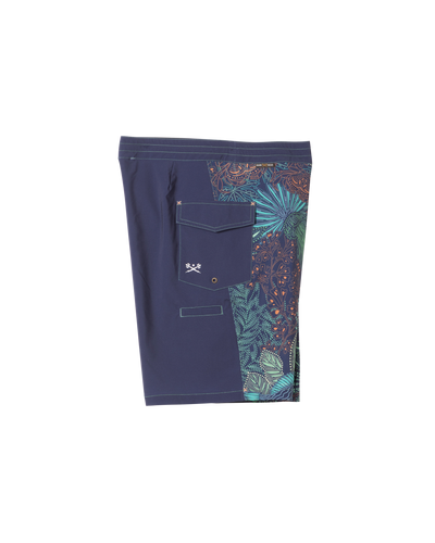 Close-up of Deepwater Boardshort Boardshorts Navy Boardshorts showing Navy with turquoise and orange ornamental paisley and