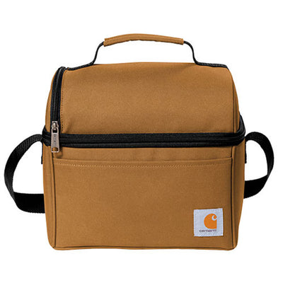 Deluxe Lunch Cooler Accessory front view, Tan canvas with black trim, wooden handle, and small logo patch on front pocket,