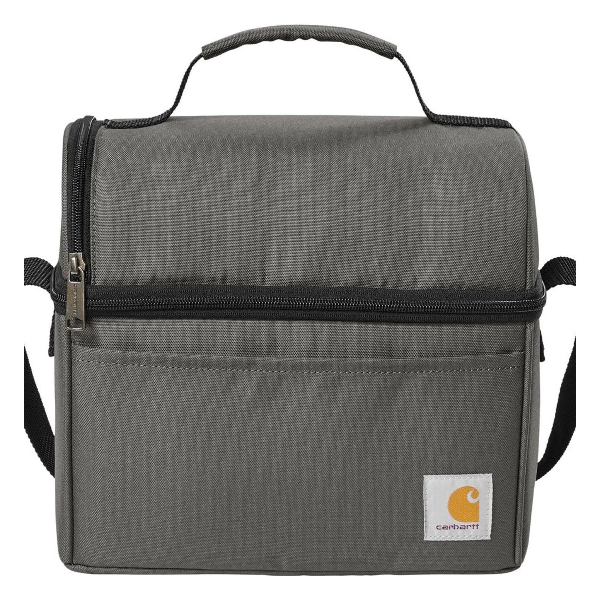 Back of Deluxe Lunch Cooler Accessory Black Accessory, Gray canvas back with black zipper and shoulder straps, white label