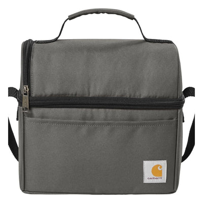 Back of Deluxe Lunch Cooler Accessory Black Accessory, Gray canvas back with black zipper and shoulder straps, white label