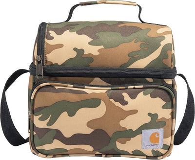 Close-up of Deluxe Lunch Cooler Accessory Black Accessory showing Tan and olive camouflage pattern canvas with black nylon