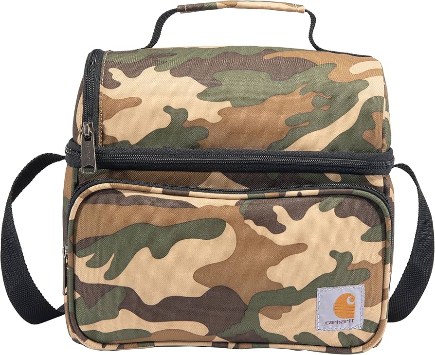 Close-up of Deluxe Lunch Cooler Accessory Black Accessory showing Tan and olive camouflage pattern canvas with black nylon