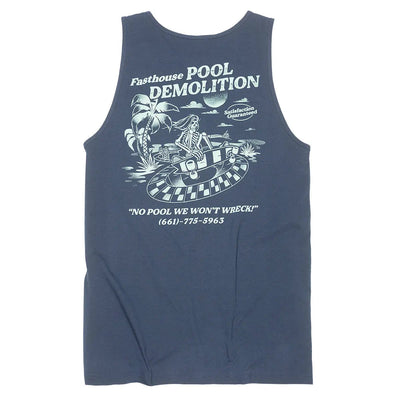 Demolition Tank Top front view, Navy with cream retro graphic showing skeleton on wrecking ball, palm tree, and moon with