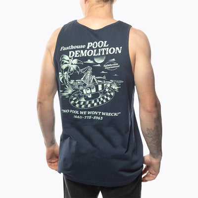 Person wearing Demolition Tank Top Navy Tank Top, Man wearing navy tank top against white backdrop - Slowride Supply