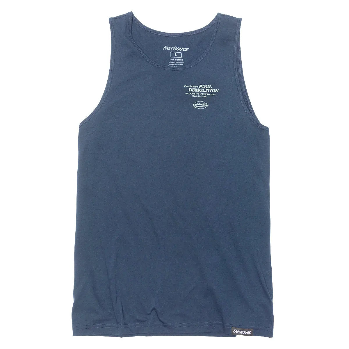 Close-up of Demolition Tank Top Navy Tank Top showing Crew neckline with white stitching, small white chest graphic reading
