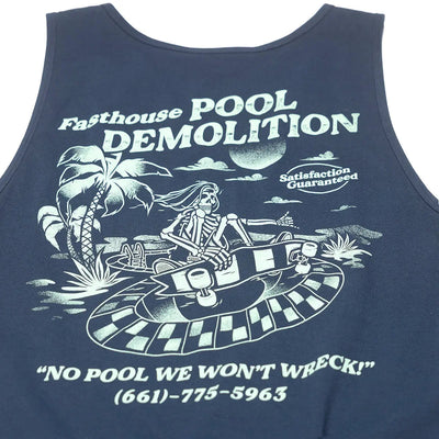 Close-up of Demolition Tank Top Navy Tank Top showing Cream halftone graphic featuring skeleton operating wrecking ball over