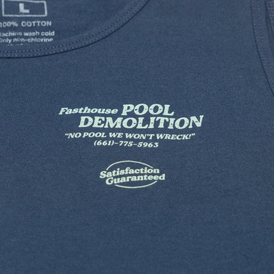 Close-up of Demolition Tank Top Navy Tank Top showing White embroidered text and oval graphic on navy cotton, detail of
