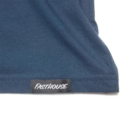 Close-up of Demolition Tank Top Navy Tank Top showing Woven brand label with white italic script at hem edge - Slowride