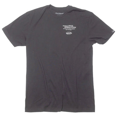 Close-up of Demolition Black Tee showing Charcoal tee with white chest print reading "Pool Demolition" and smaller secondary