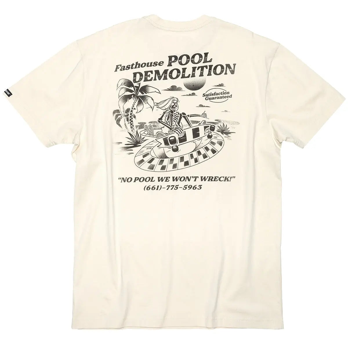 Back of Demolition Black Tee, Cream with black halftone illustration of skeleton in racing suit on hovercraft, palm tree,
