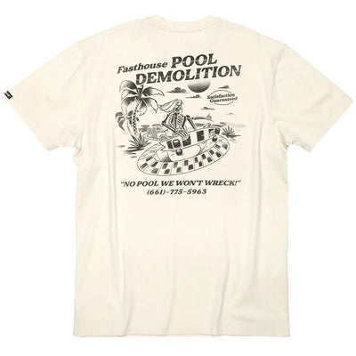 Back of Demolition Black Tee, Cream with black halftone illustration of skeleton in racing suit on hovercraft, palm tree,