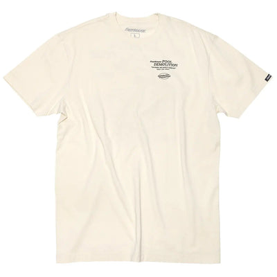 Close-up of Demolition Black Tee showing Cream tee with small black front print reading "Fasthouse POOL DEMOLITION" and