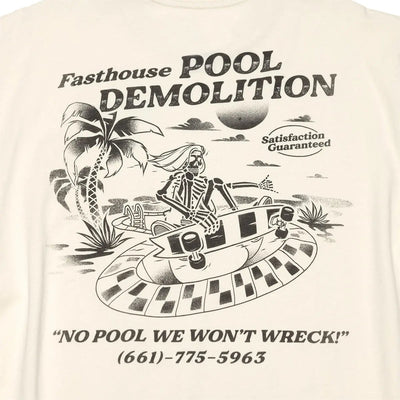 Close-up of Demolition Black Tee showing Cream with black halftone graphic of skeleton in desert speedboat, palm tree, sun,