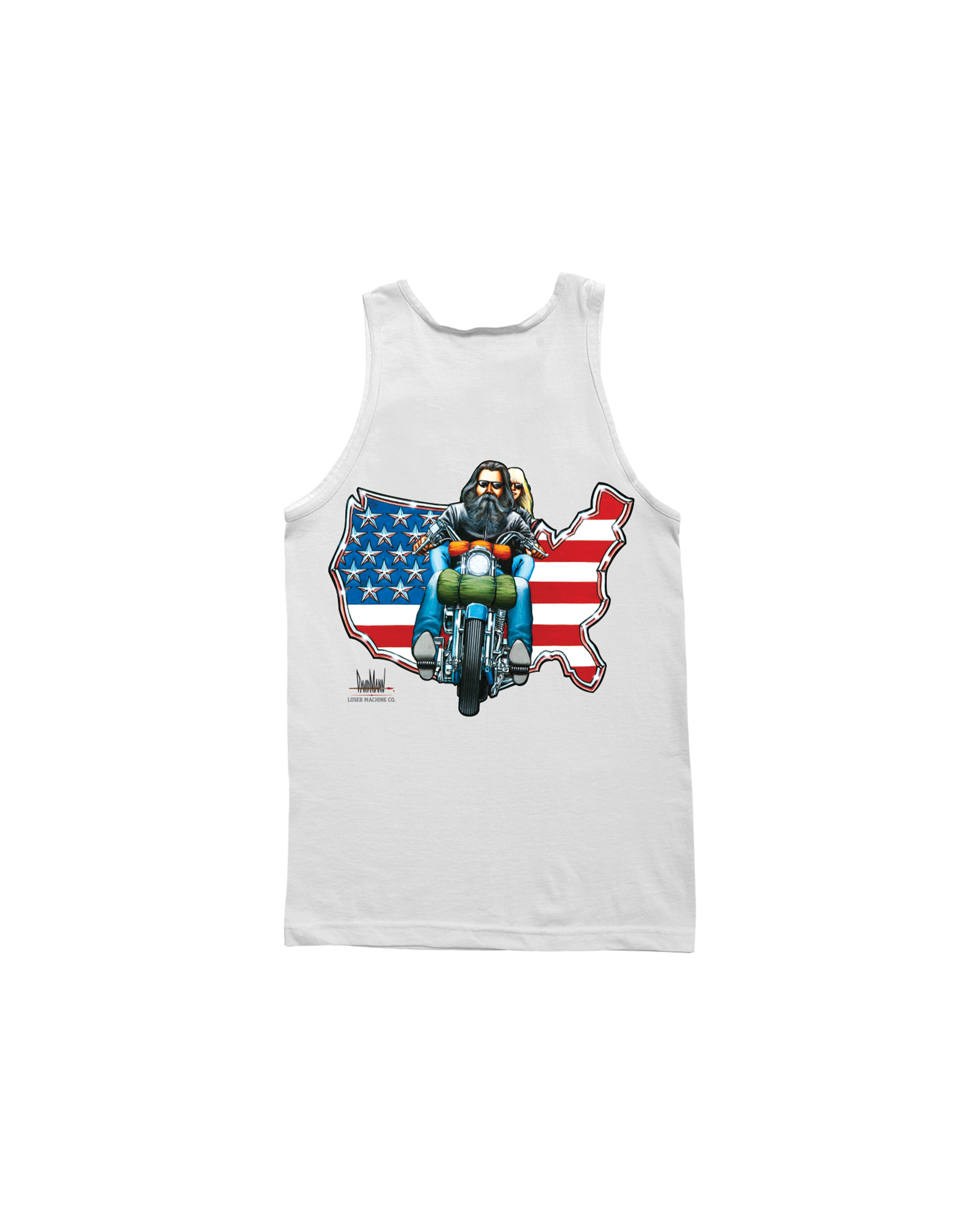 Destination America Tank Tank Top front view, White tank with bearded rider on motorcycle inside USA map outline, stars and
