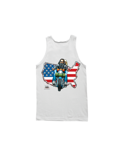 Destination America Tank Tank Top front view, White tank with bearded rider on motorcycle inside USA map outline, stars and