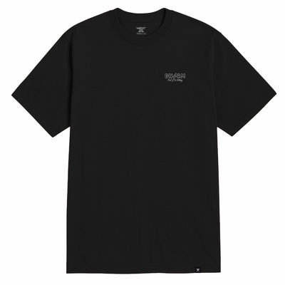 Close-up of DHCM Anvolt Black Tee showing Black tee with small embroidered chest graphic and subtle script tagline below -