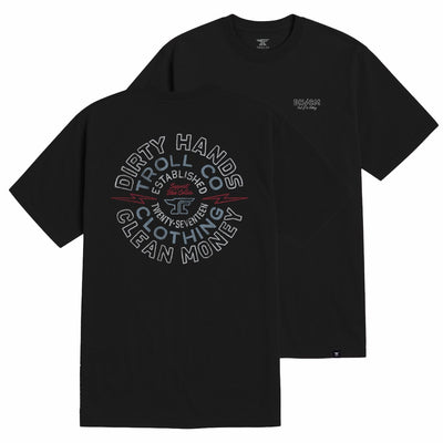 Back of DHCM Anvolt Black Tee, Circular text graphic in gray and blue with red lightning bolt accent, reading "Dirty Hands