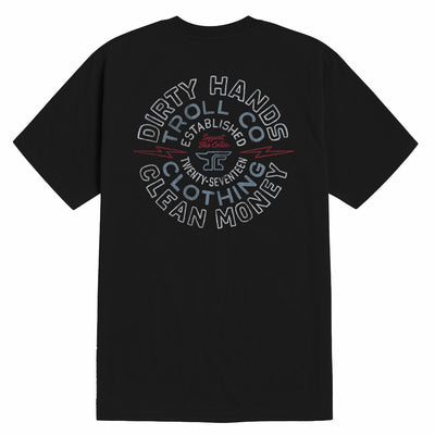 DHCM Anvolt front view, Black with gray outlined circular text and red script accents, established date graphic center