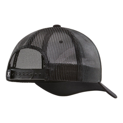 Close-up of DHCM Classic Curved Brim Trucker Real Tree Hat showing Black mesh back and crown with solid black curved brim