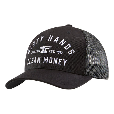 Back of DHCM Classic Curved Brim Trucker Real Tree Hat, Black trucker cap with white embroidered text reading "Dirty Hands