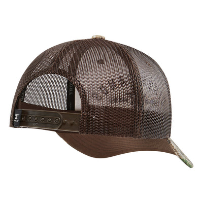 Back of DHCM Classic Curved Brim Trucker Real Tree Hat, Brown mesh back panels with dark leather sweatband and curved bill