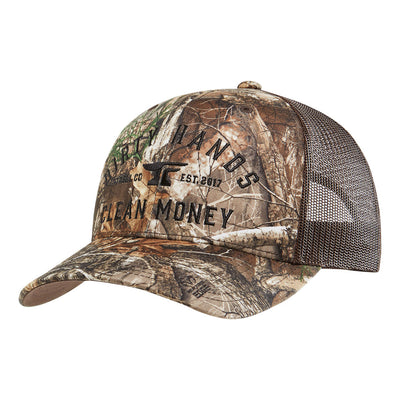 DHCM Classic Curved Brim Trucker front view, Realtree camouflage with black text and graphic, mesh back panel, Real Tree Hat