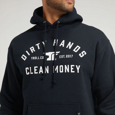 DHCM Classic front view, Black hoodie with white text reading "Dirty Hands Clean Money," Troll Co logo, and "Est. 2017,