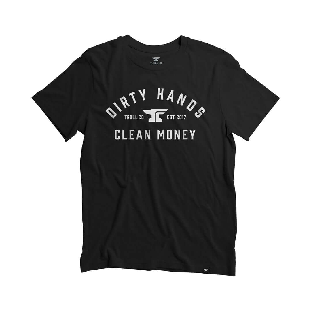 DHCM Classic front view, Black with white text reading "Dirty Hands Clean Money," brand mark, and "Est. 2017, Black Tee -