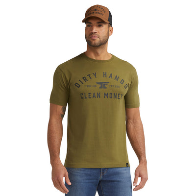 Person wearing DHCM Classic Black Tee, Man wearing olive tee against neutral white background studio setting - Slowride