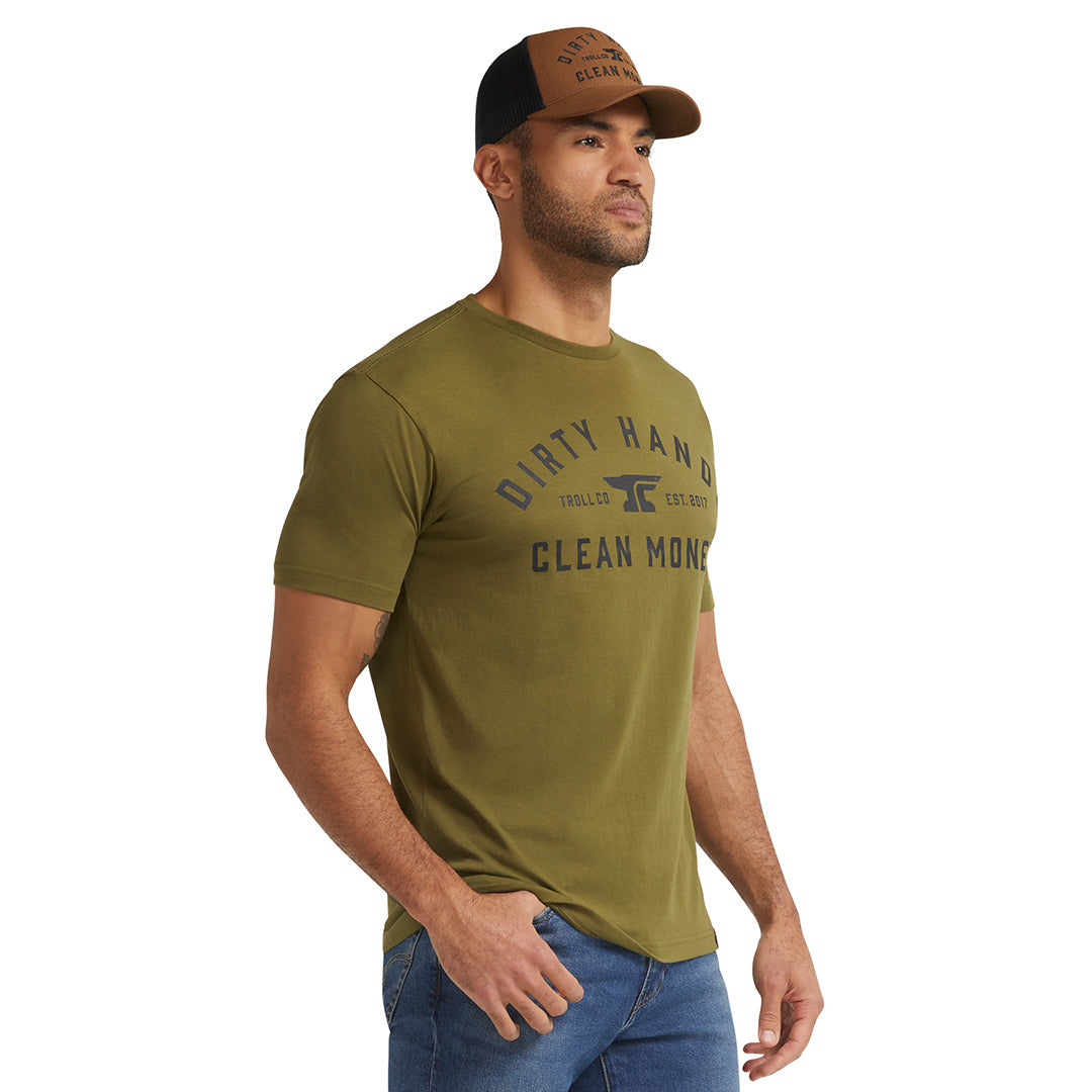 Person wearing DHCM Classic Black Tee, Man wearing olive tee against white background, studio setting - Slowride Supply