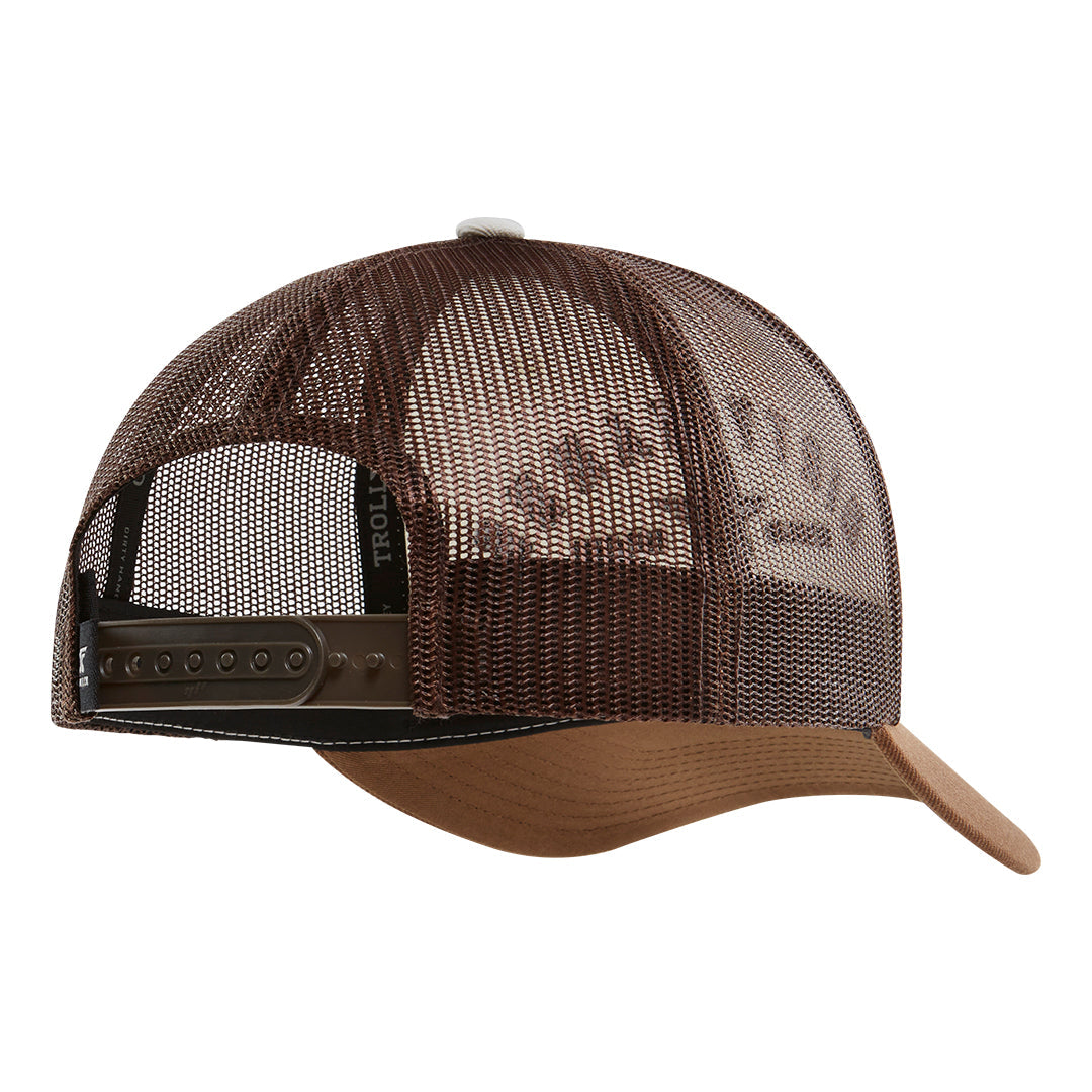Close-up of DHCM Classic Trucker White/Coyote Brown Hat showing Brown mesh crown with tan suede front panel and dark brown