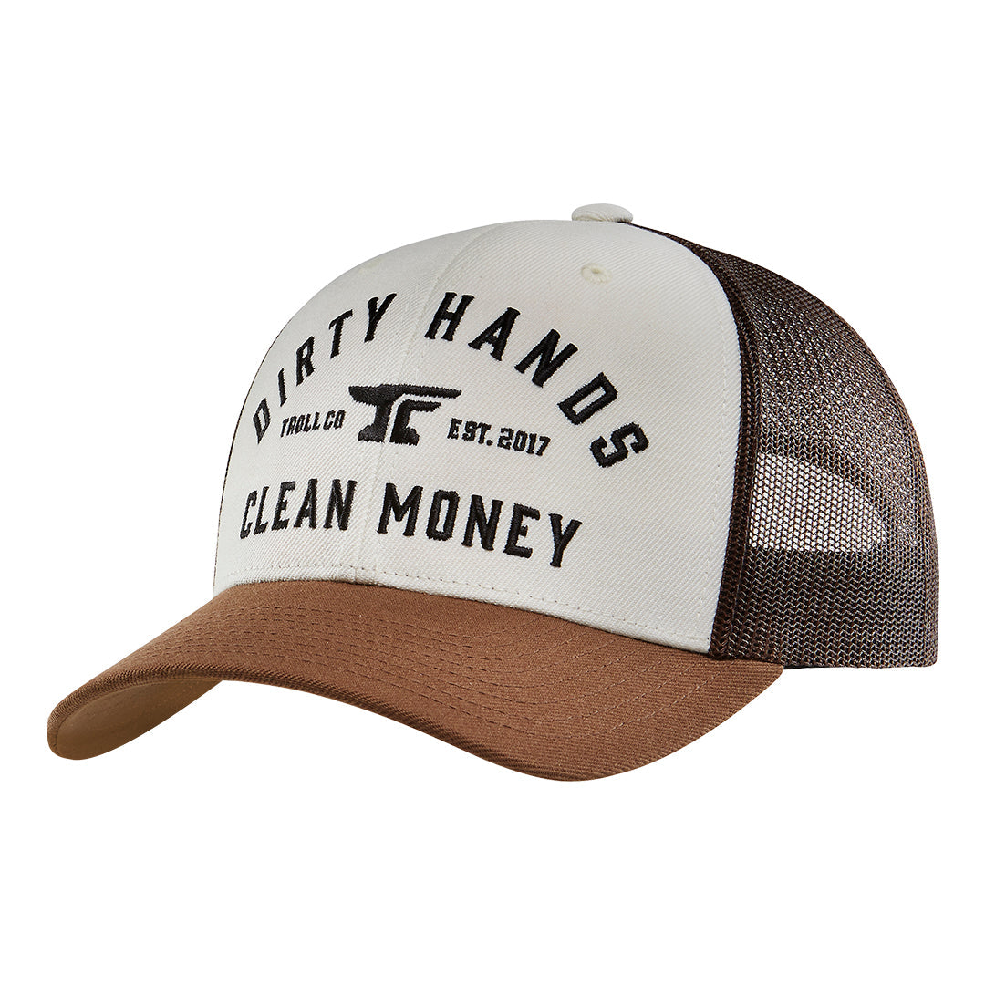 DHCM Classic Trucker front view, White front panel with black text reading "Dirty Hands Clean Money" and anvil graphic,