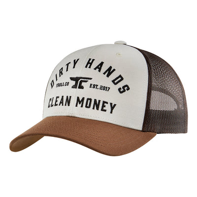 DHCM Classic Trucker front view, White front panel with black text reading "Dirty Hands Clean Money" and anvil graphic,