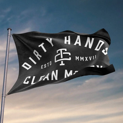 DHCM Double Sided Flag Accessory front view, Black flag with white text reading "DIRTY HANDS" at top, crest logo center,