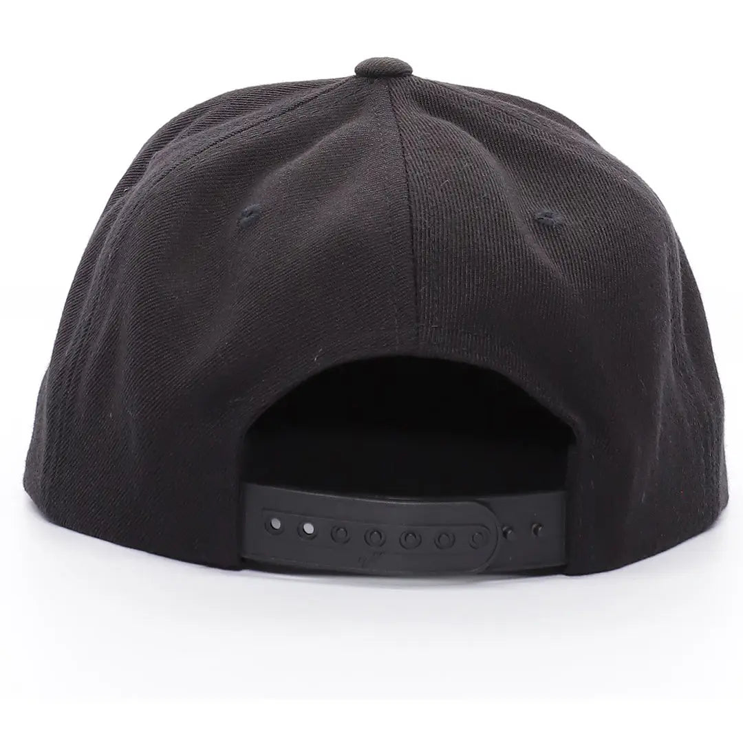 Back of DHCM Flat Brim Classic Black Hat, Flat black snapback closure with embossed circle detailing and metal eyelets -