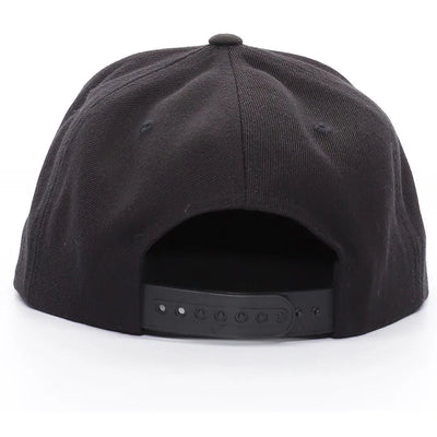 Back of DHCM Flat Brim Classic Black Hat, Flat black snapback closure with embossed circle detailing and metal eyelets -