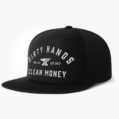 DHCM Flat Brim Classic front view, Black cap with white embroidered text reading "Dirty Hands Clean Money," anvil logo, and