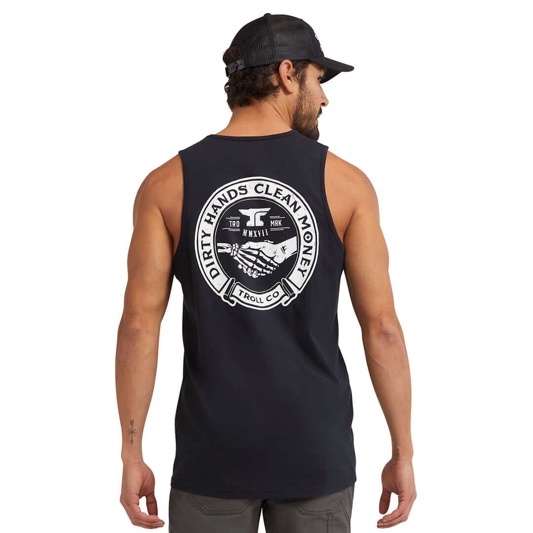 DHCM Haggler Tank Tank Top front view, Black sleeveless tank with white circular badge graphic featuring handshake and text,