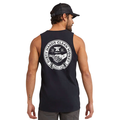 DHCM Haggler Tank Tank Top front view, Black sleeveless tank with white circular badge graphic featuring handshake and text,